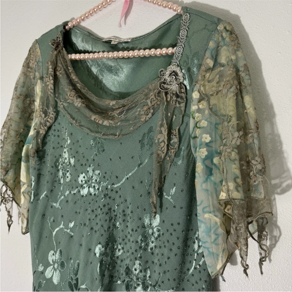 Vintage Spencer Alexis muted blue embossed w/ lace top and maxi skirt set size 6 - Picture 2 of 16